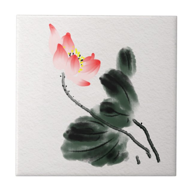 Watercolor Lotus Floral Chinoiserie Ink Wash Art Tile (Front)