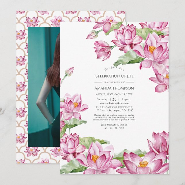 Watercolor Lotus Flower Indian Celebration of Life Invitation (Front/Back)