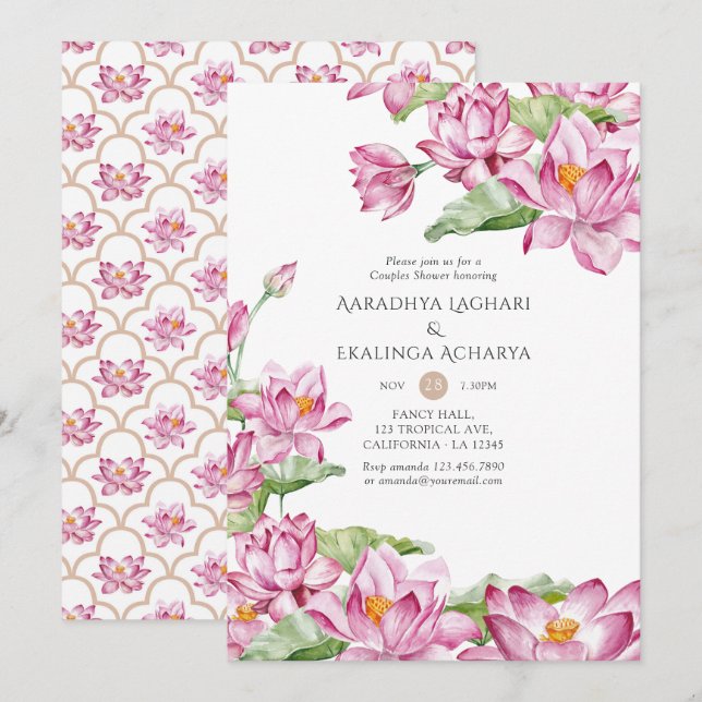 Watercolor Lotus Flower Indian Couples Shower Invitation (Front/Back)