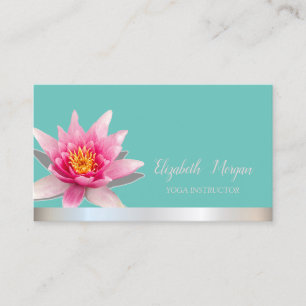 Watercolor Lotus Silver Stripe Teal Yoga Business Card