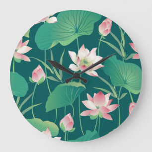 Watercolor lotus: vintage seamless flowers. large clock