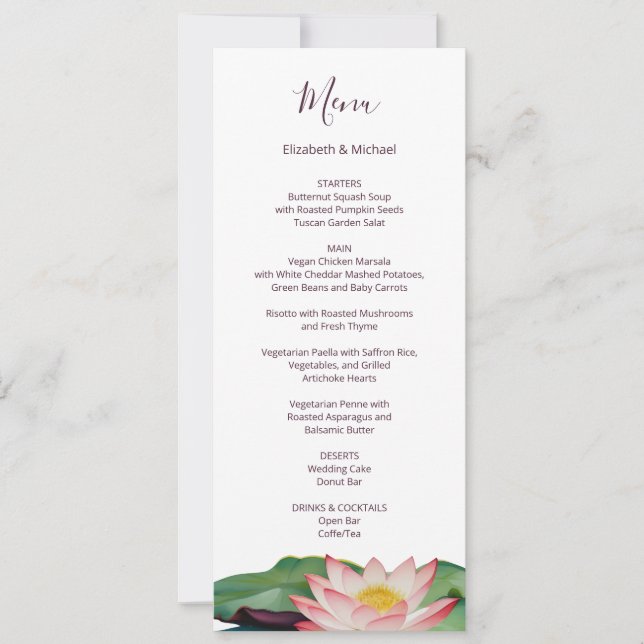 Watercolor Lotus Wedding Menu Card (Front)