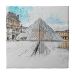 Watercolor Louvre Paris Ceramic Tile Wall Decor