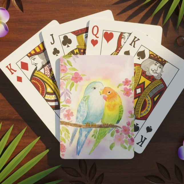 Watercolor Love Birds with Pink Flowers Playing Cards (Creator Uploaded)