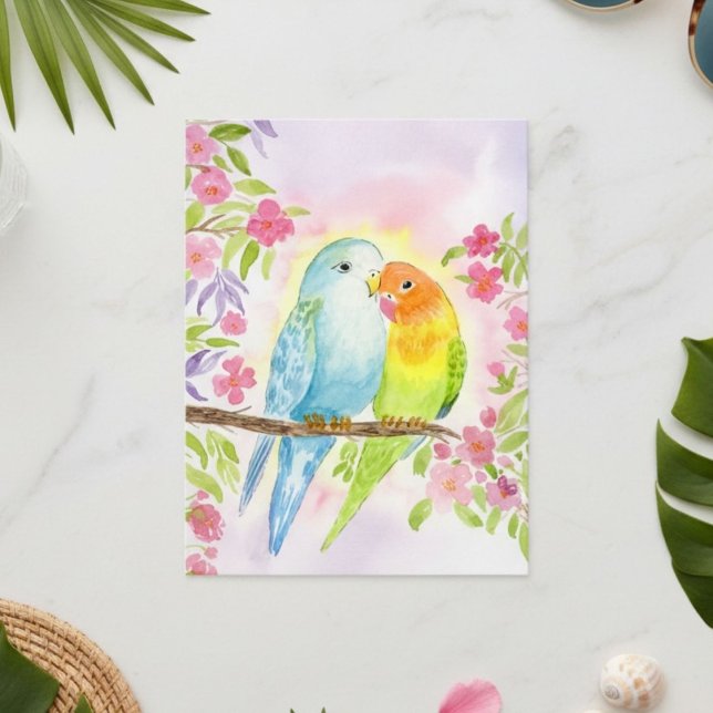 Watercolor Love Birds with Pink Flowers Postcard (Creator Uploaded)