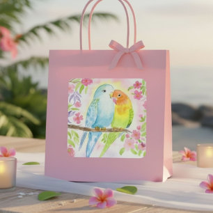 Watercolor Love Birds with Pink Flowers Square Sticker