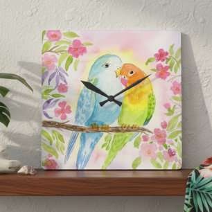 Watercolor Love Birds with Pink Flowers Square Wall Clock