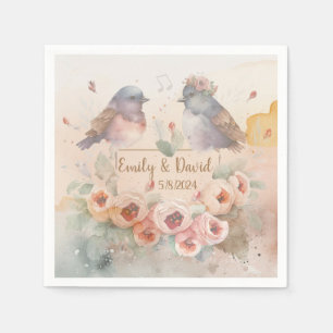 Watercolor love birds with roses for wedding napkin