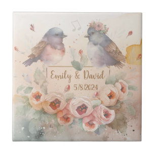 Watercolor love birds with roses for wedding tile