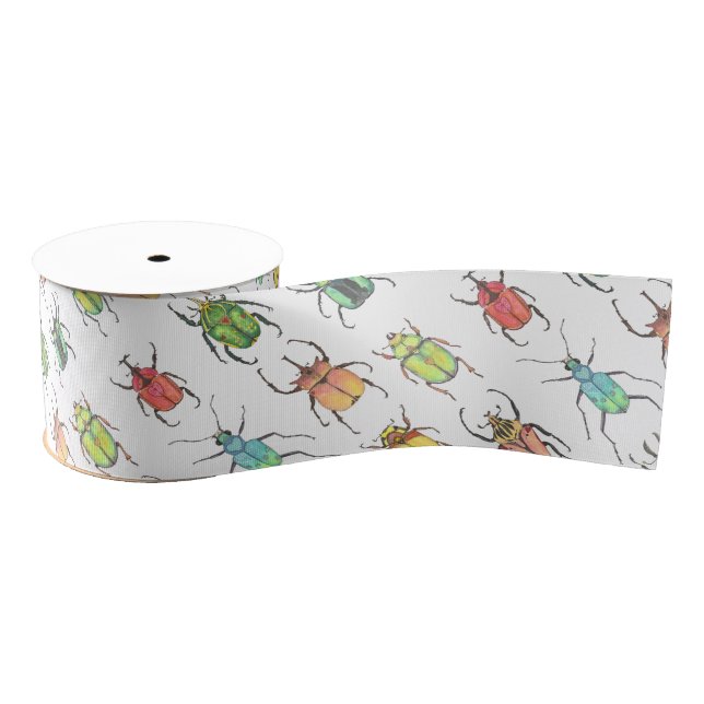 Watercolor Love Bugs Colourful Beetles Pattern Grosgrain Ribbon (Spool)