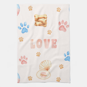 Watercolor "LOVE" Design with Dog Paw Prints Kitchen Towel