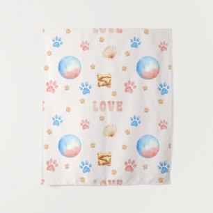 Watercolor "LOVE" Design with Dog Paw Prints Tapestry