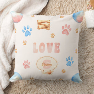 Watercolor "LOVE" Design with Dog Paw Prints Throw Pillow
