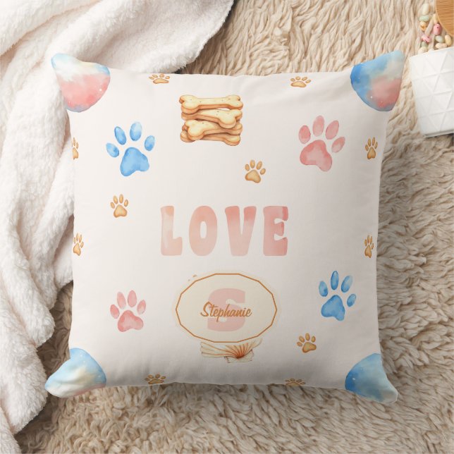 Watercolor "LOVE" Design with Dog Paw Prints Throw Pillow (Blanket)