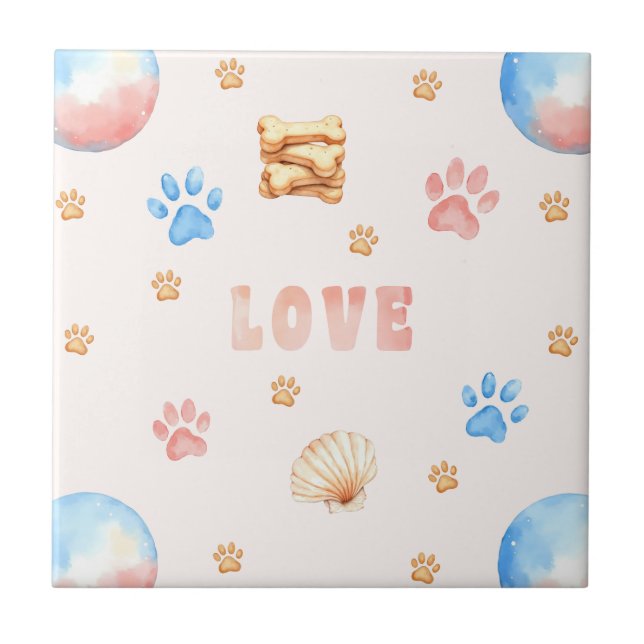 Watercolor "LOVE" Design with Dog Paw Prints Tile (Front)