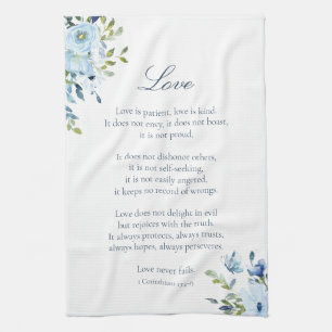 Watercolor Love is Patient Blue White Kitchen Towel