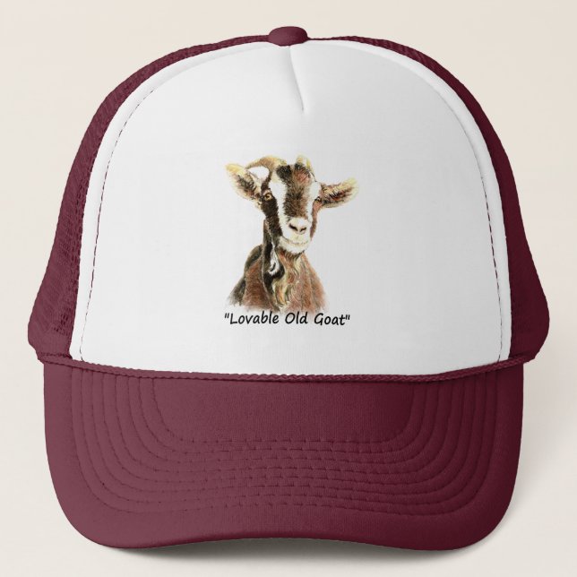 Watercolor Loveable Old Goat Fun Quote Trucker Hat (Front)