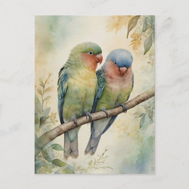 Watercolor Lovebirds Eucalyptus Tree Postcard (Front)