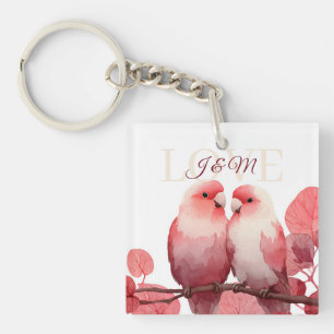 Watercolor Lovebirds with Custom Initials Keychain