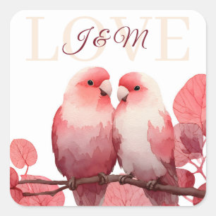 Watercolor Lovebirds with Custom Initials Square Sticker