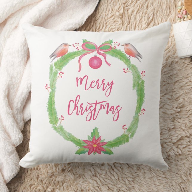 Watercolor Lovely Wreath + Script Merry Christmas Throw Pillow (Blanket)