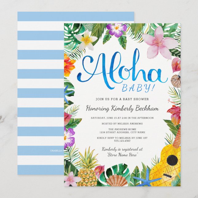 Watercolor Luau Baby Shower Invite | Blue (Front/Back)