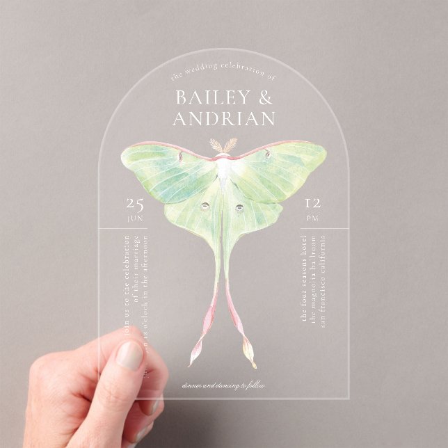 Watercolor Luna Moth Wedding Acrylic Invitations (Insitu (Handheld))