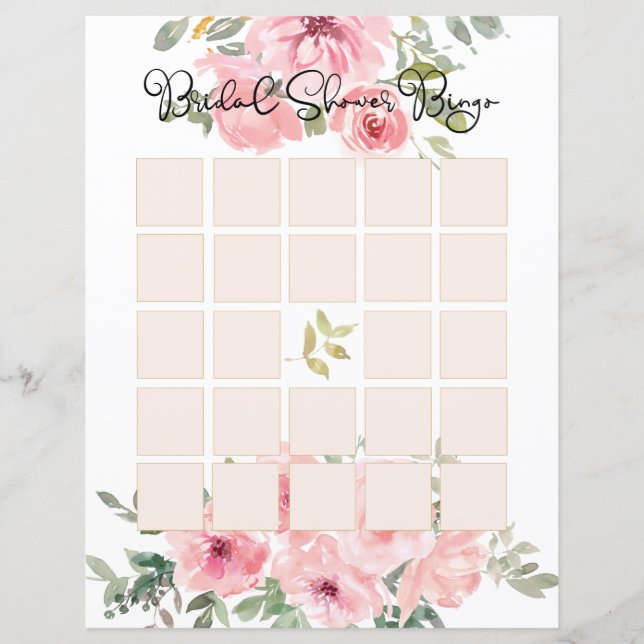 Watercolor Lush Blush Pink Floral Bridal Bingo (Front)