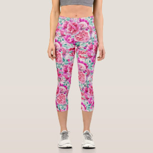 Watercolor Lush Pink Peonies & Green Teal Leaves  Capri Leggings