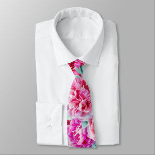 Watercolor Lush Pink Peonies & Green Teal Leaves N Tie