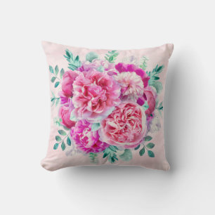 Watercolor Lush Pink Peonies & Green Teal Leaves Throw Pillow