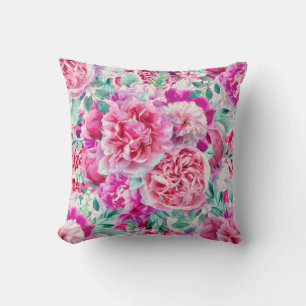 Watercolor Lush Pink Peonies & Green Teal Leaves Throw Pillow