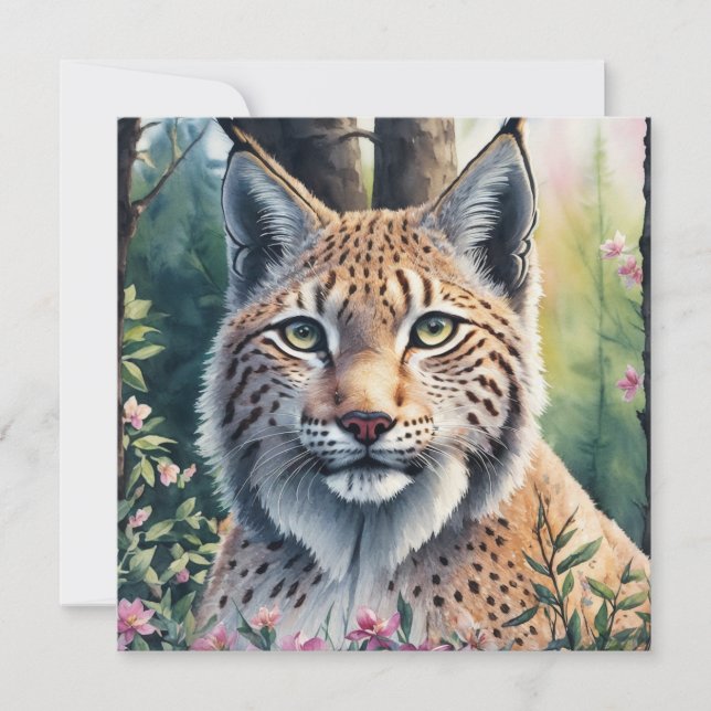 Watercolor Lynx Artwork Floral Feline Invitation (Front)