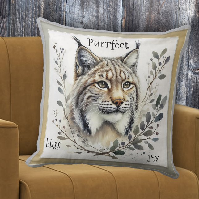 Watercolor Lynx Big Cat Throw Pillow (Pillow featuring a modern watercolor painting of a lynx with some vegetation - big cat - cat lover)