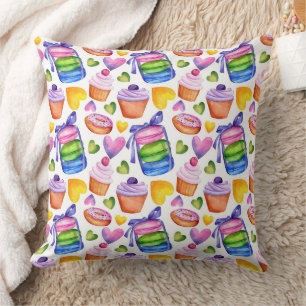 Watercolor Macaron & Sweet Cupcakes Pattern Throw Pillow