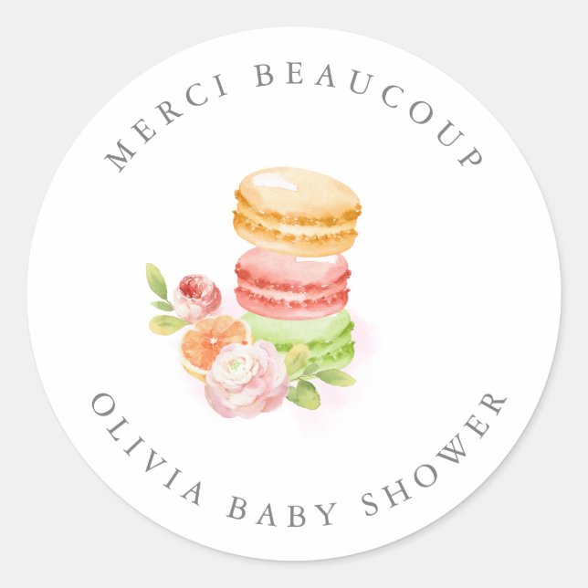 Watercolor Macaroons With Cherry  Merci Beaucoup Classic Round Sticker (Front)