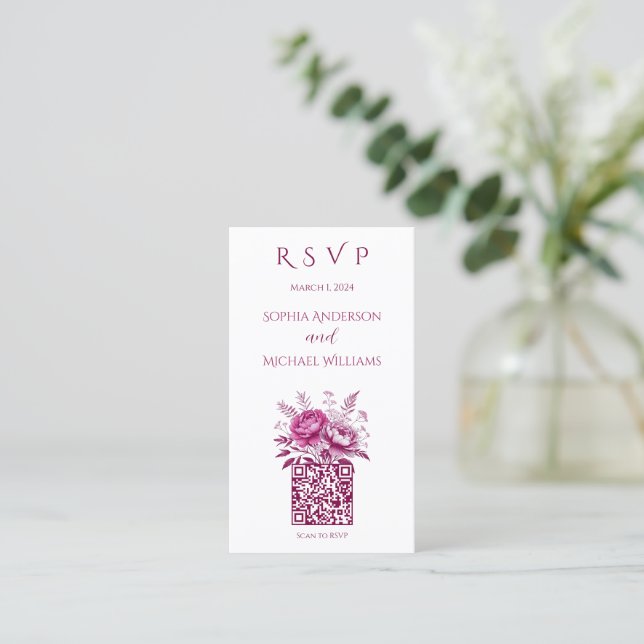 Watercolor Magenta Peony-RSVP-QR code- Business Card (Standing Front)