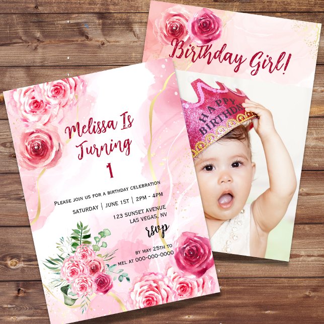 Watercolor Magenta Pink Rose First Birthday Photo Invitation (Creator Uploaded)