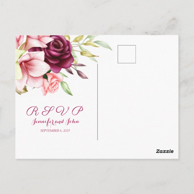 Watercolor Magenta Red Amaryllis Floral Wedding Postcard (Back)