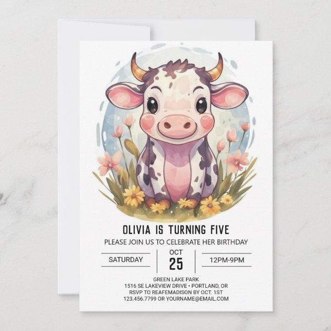 Watercolor Magical Farmyard Cow Birthday Invitation (Front)