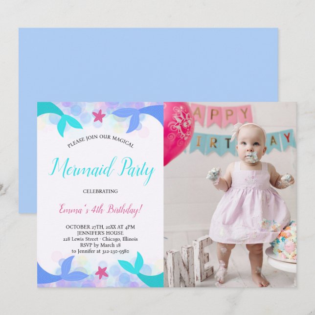 Watercolor Magical Mermaid Birthday Photo Invitation (Front/Back)