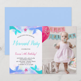 Watercolor Magical Mermaid Birthday Photo Invitation
