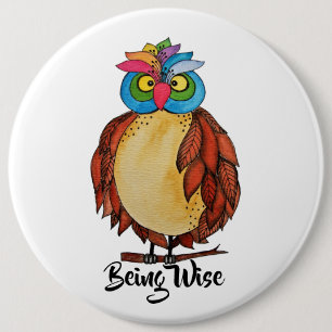 Watercolor Magical Owl With Rainbow Feathers 6 Inch Round Button