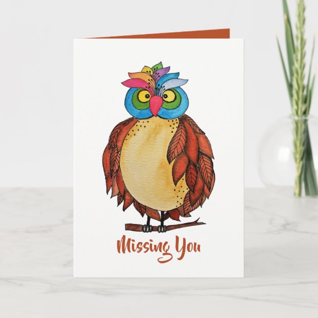 Watercolor Magical Owl With Rainbow Feathers Card (Front)