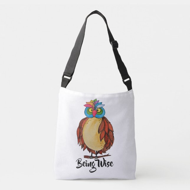 Watercolor Magical Owl With Rainbow Feathers Crossbody Bag (Front)