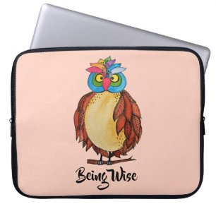 Watercolor Magical Owl With Rainbow Feathers Laptop Sleeve