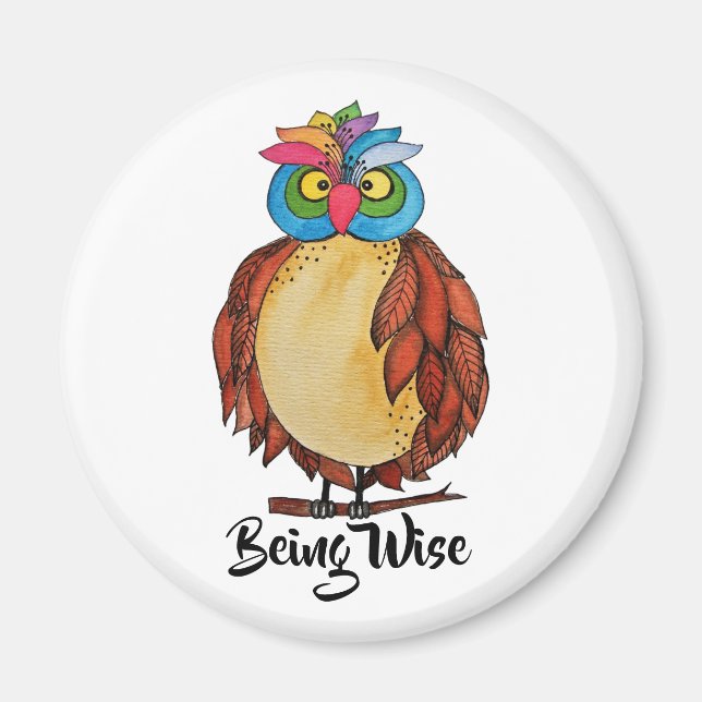 Watercolor Magical Owl With Rainbow Feathers Magnet (Front)