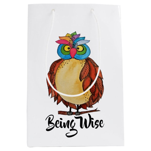 Watercolor Magical Owl With Rainbow Feathers Medium Gift Bag (Front)