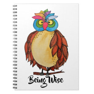 Watercolor Magical Owl With Rainbow Feathers Notebook
