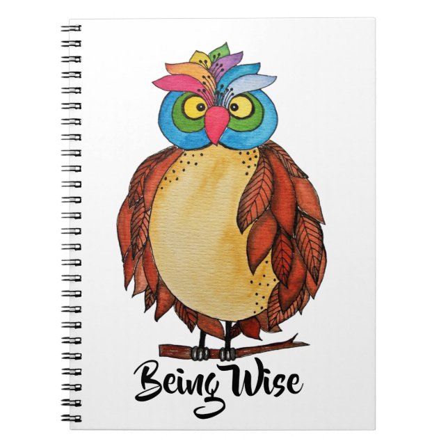 Watercolor Magical Owl With Rainbow Feathers Notebook (Front)